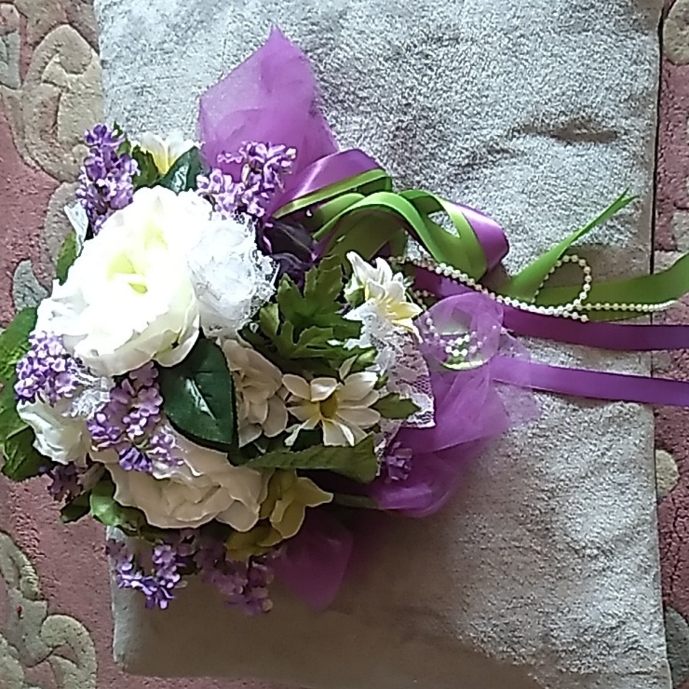 Handmade White Roses Bridal Bouquet With Purple and Green